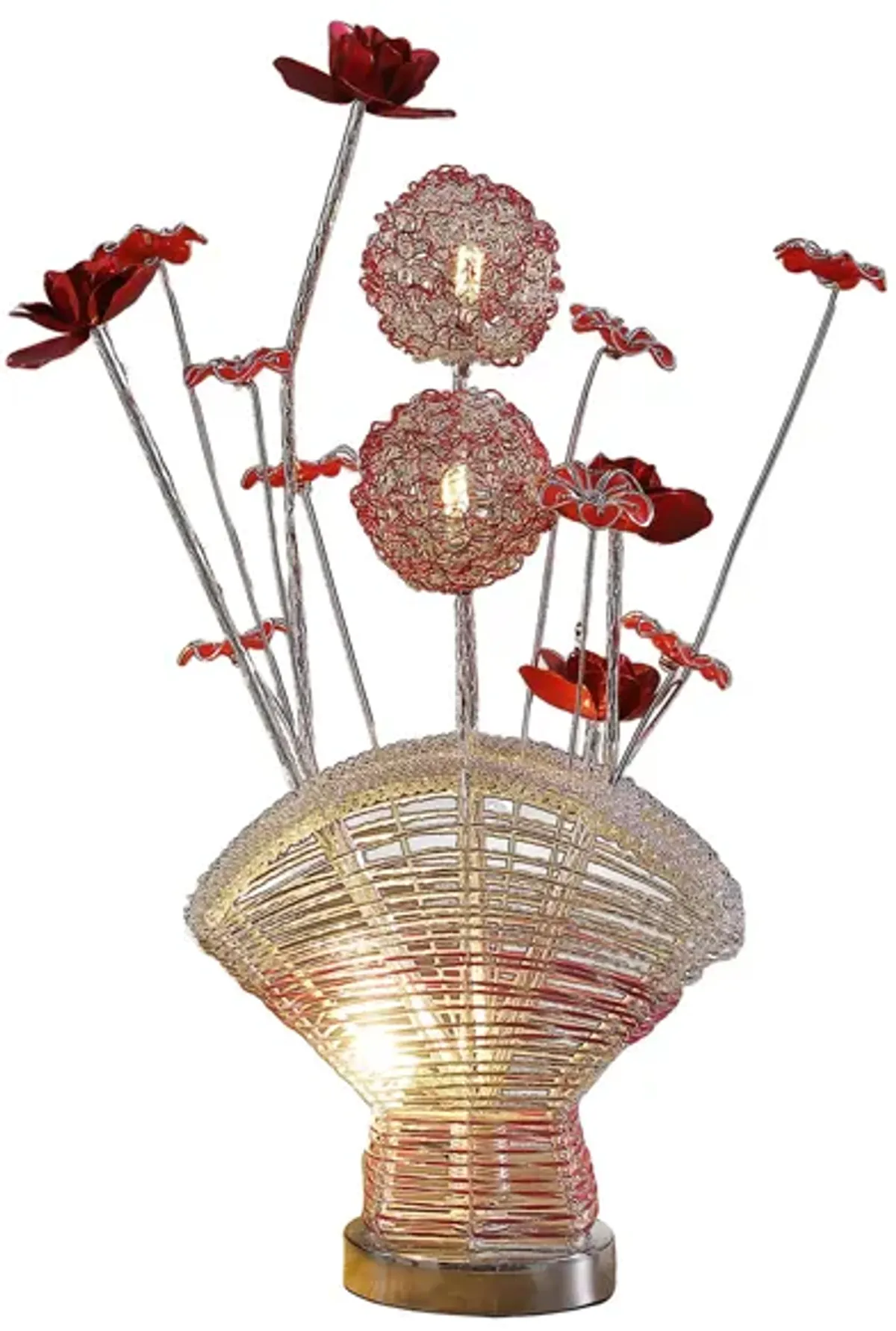 Accent Table Lamp, LED, Red Roses Fan Crystal Vase, Chrome 22 Inch - Benzara