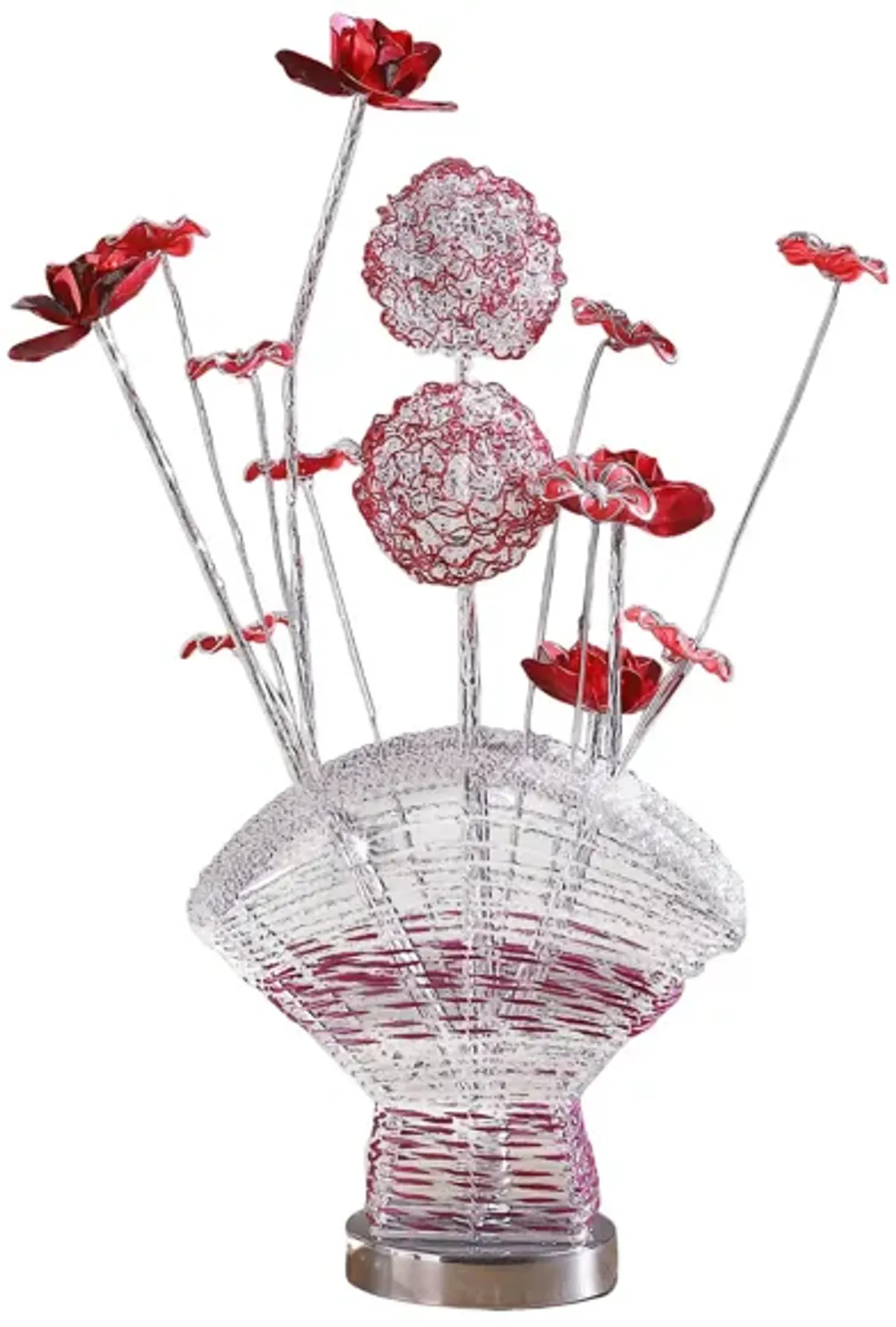 Accent Table Lamp, LED, Red Roses Fan Crystal Vase, Chrome 22 Inch - Benzara