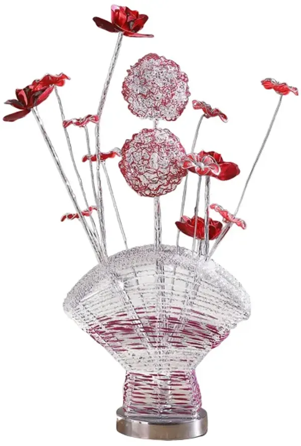 Accent Table Lamp, LED, Red Roses Fan Crystal Vase, Chrome 22 Inch - Benzara