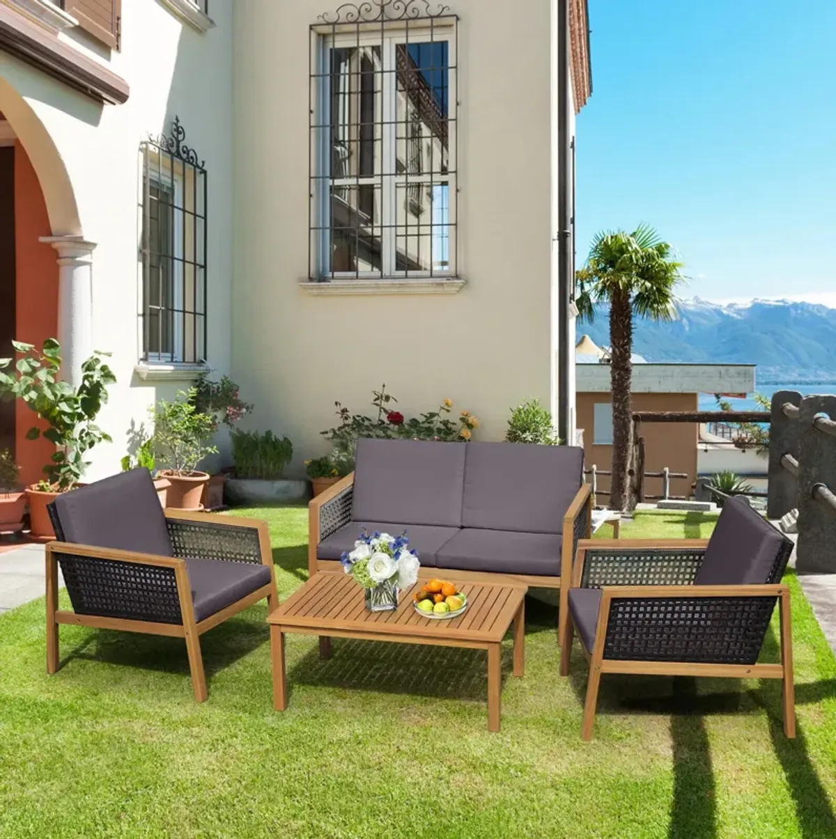 4 Pieces Patio Rattan Conversation Sets with Removable Cushions