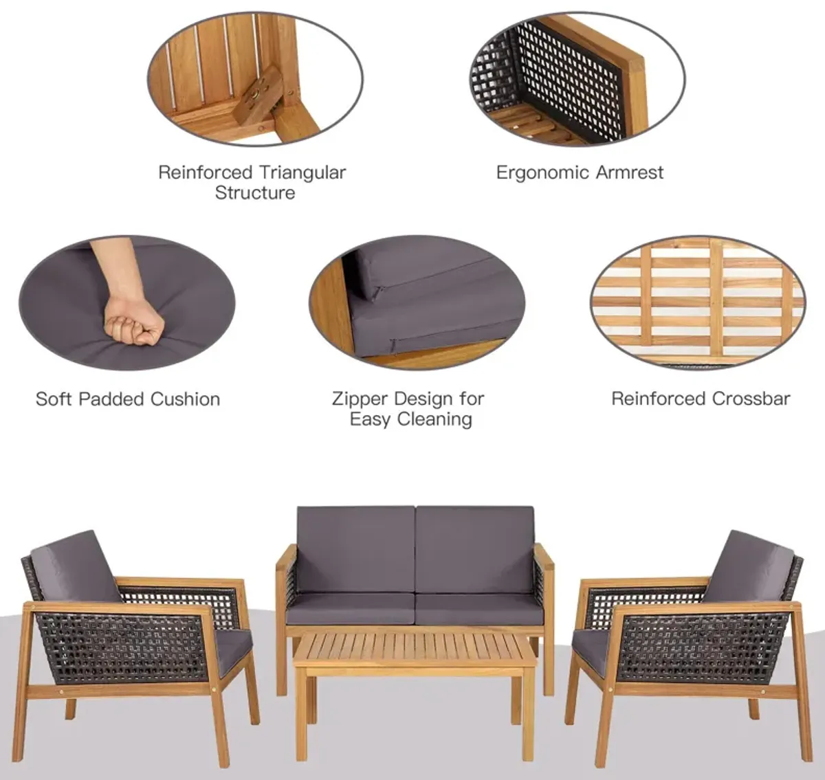 4 Pieces Patio Rattan Conversation Sets with Removable Cushions