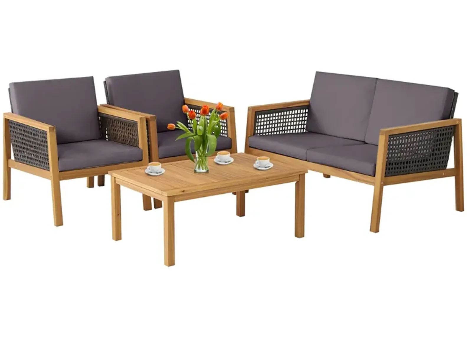 4 Pieces Patio Rattan Conversation Sets with Removable Cushions