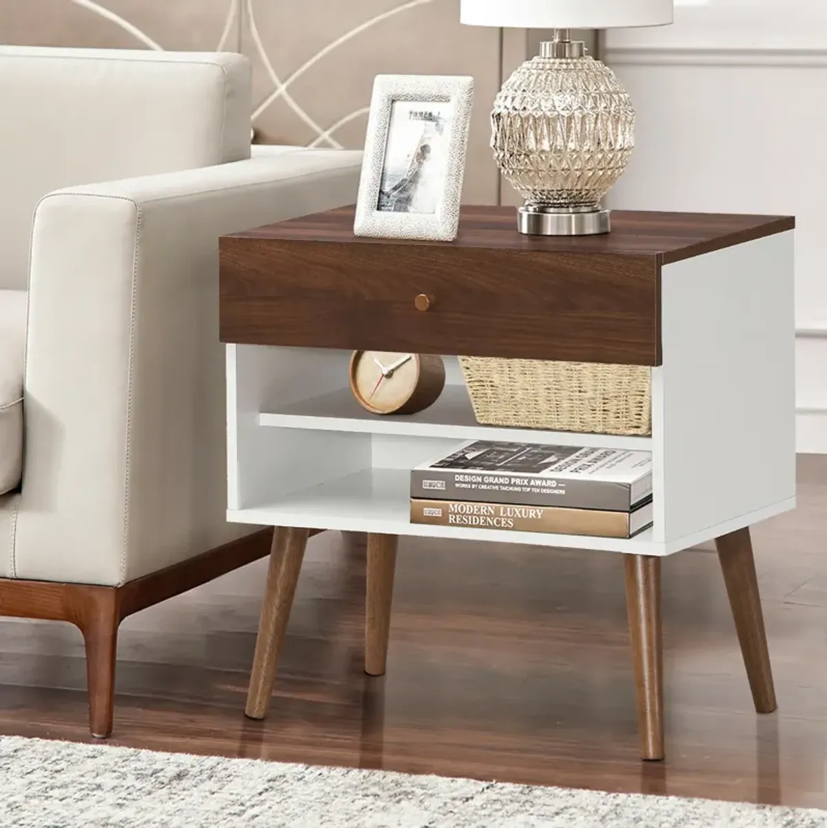 Mid-Century Nightstand with Drawer and Rubber Wood Legs