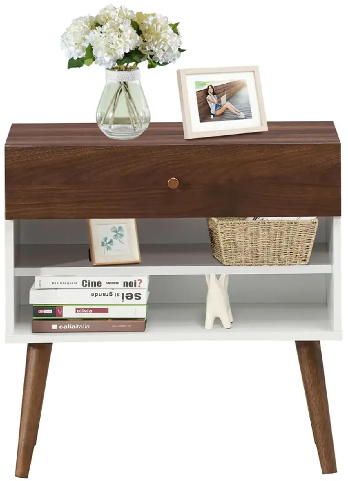 Mid-Century Nightstand with Drawer and Rubber Wood Legs