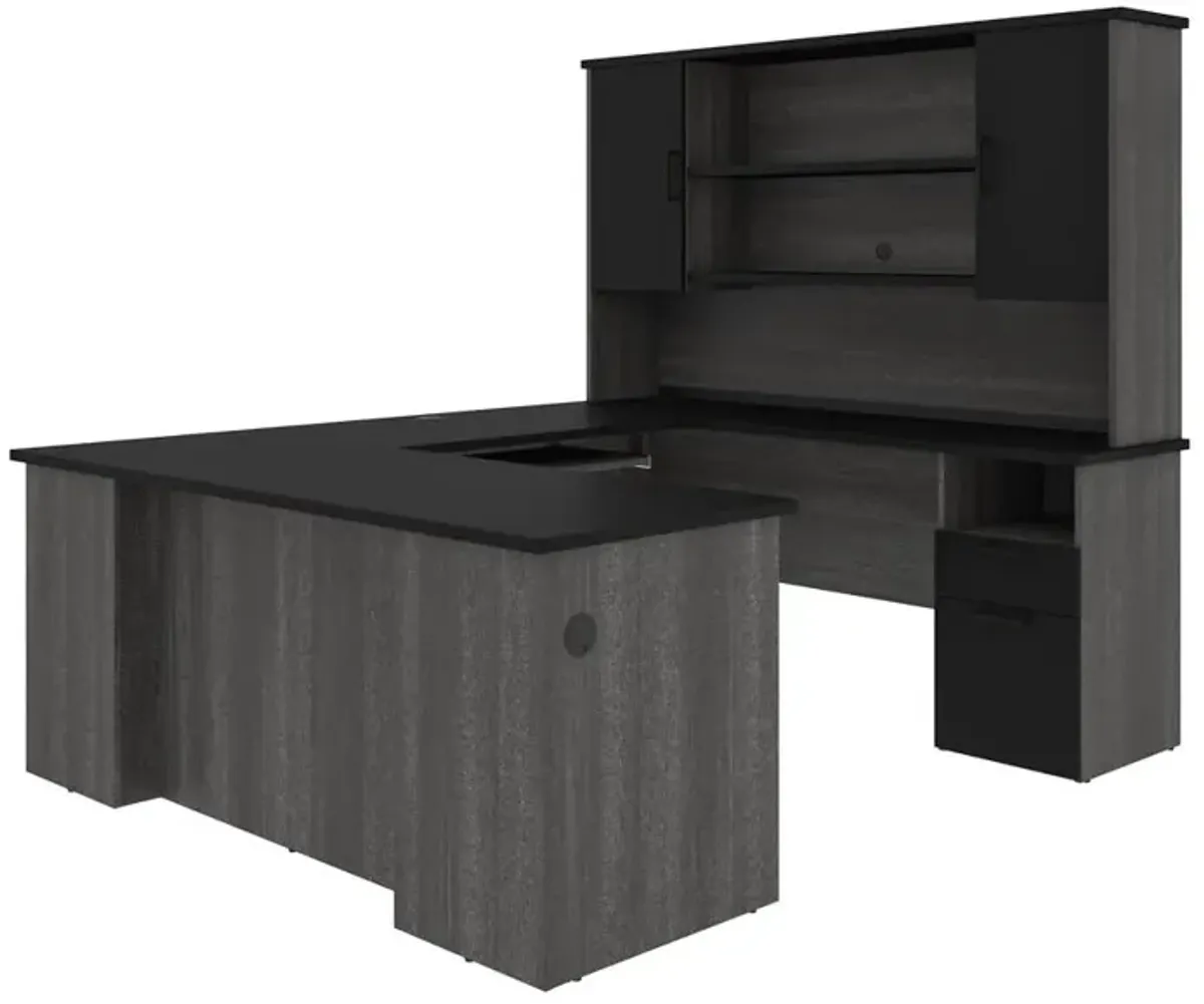 Bestar Norma Norma U-shaped workstation with hutch - Black & Bark Gray