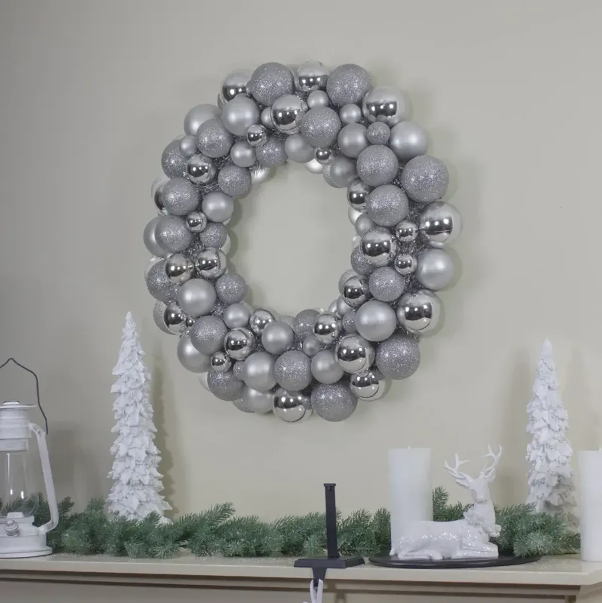 Silver Splendor 3-Finish Shatterproof Ball Christmas Wreath  24" - Unlit