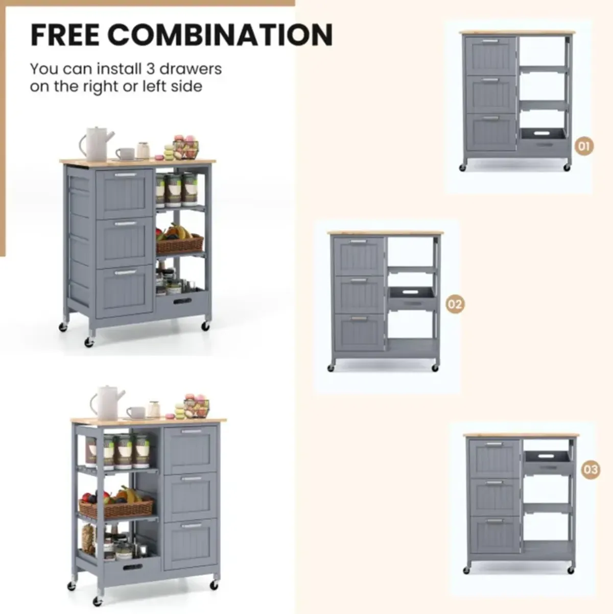 Hivvago Rolling Kitchen Island Utility Storage Cart with 3 Large Drawers