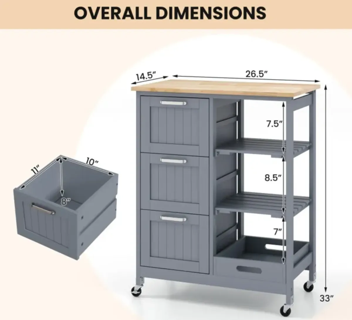 Hivvago Rolling Kitchen Island Utility Storage Cart with 3 Large Drawers