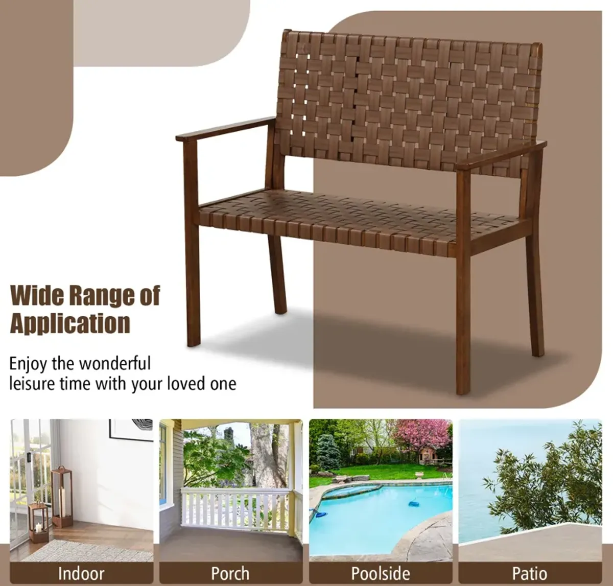 Outdoor All Weather Bench with Solid Rubber Wood Frame and Hand Woven PU Leather-Brown