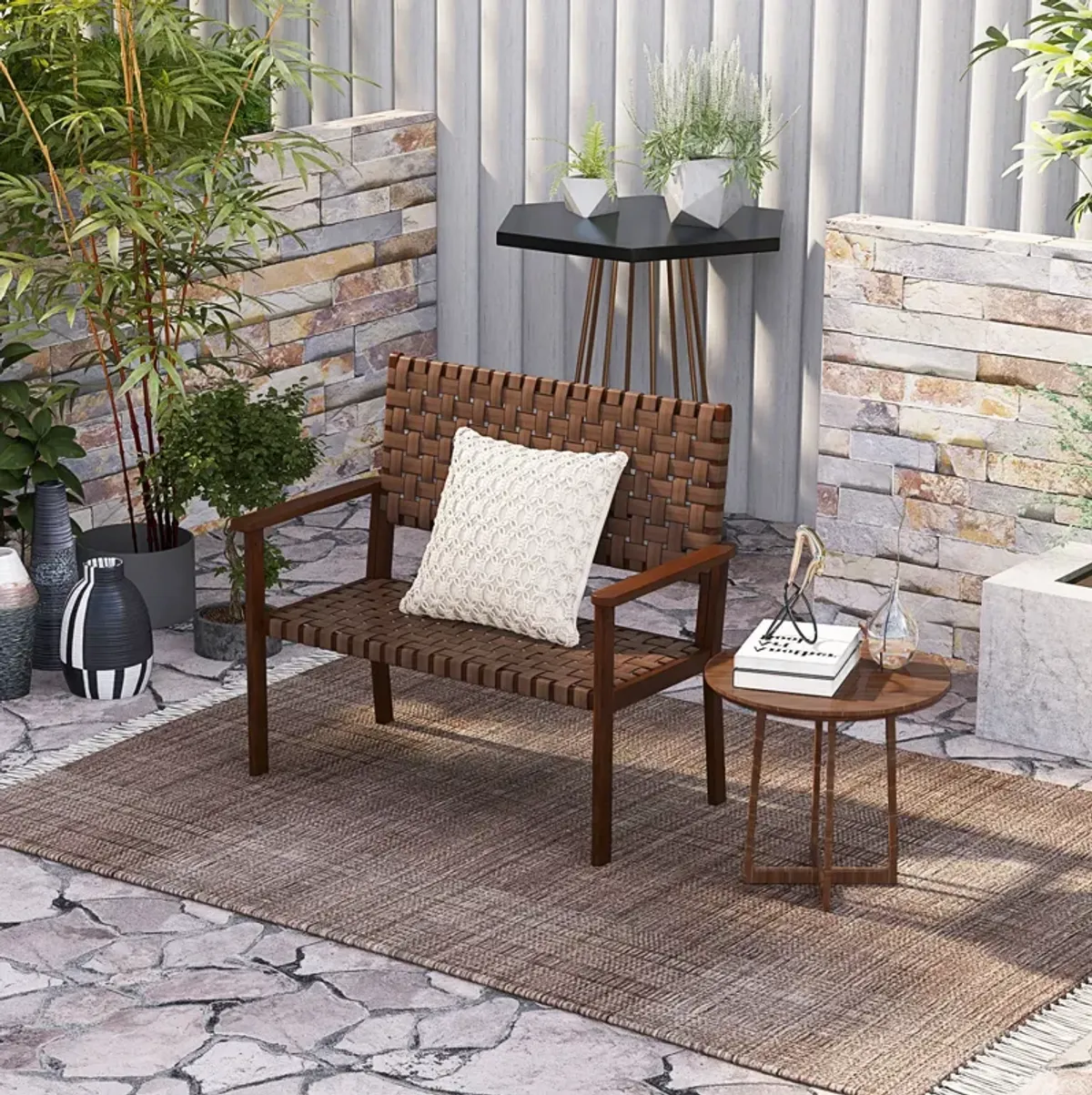 Outdoor All Weather Bench with Solid Rubber Wood Frame and Hand Woven PU Leather-Brown