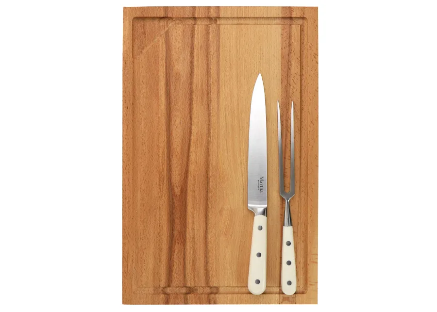 Martha Stewart Goswell 3 Piece Carving Board and Cutlery Set in Cream