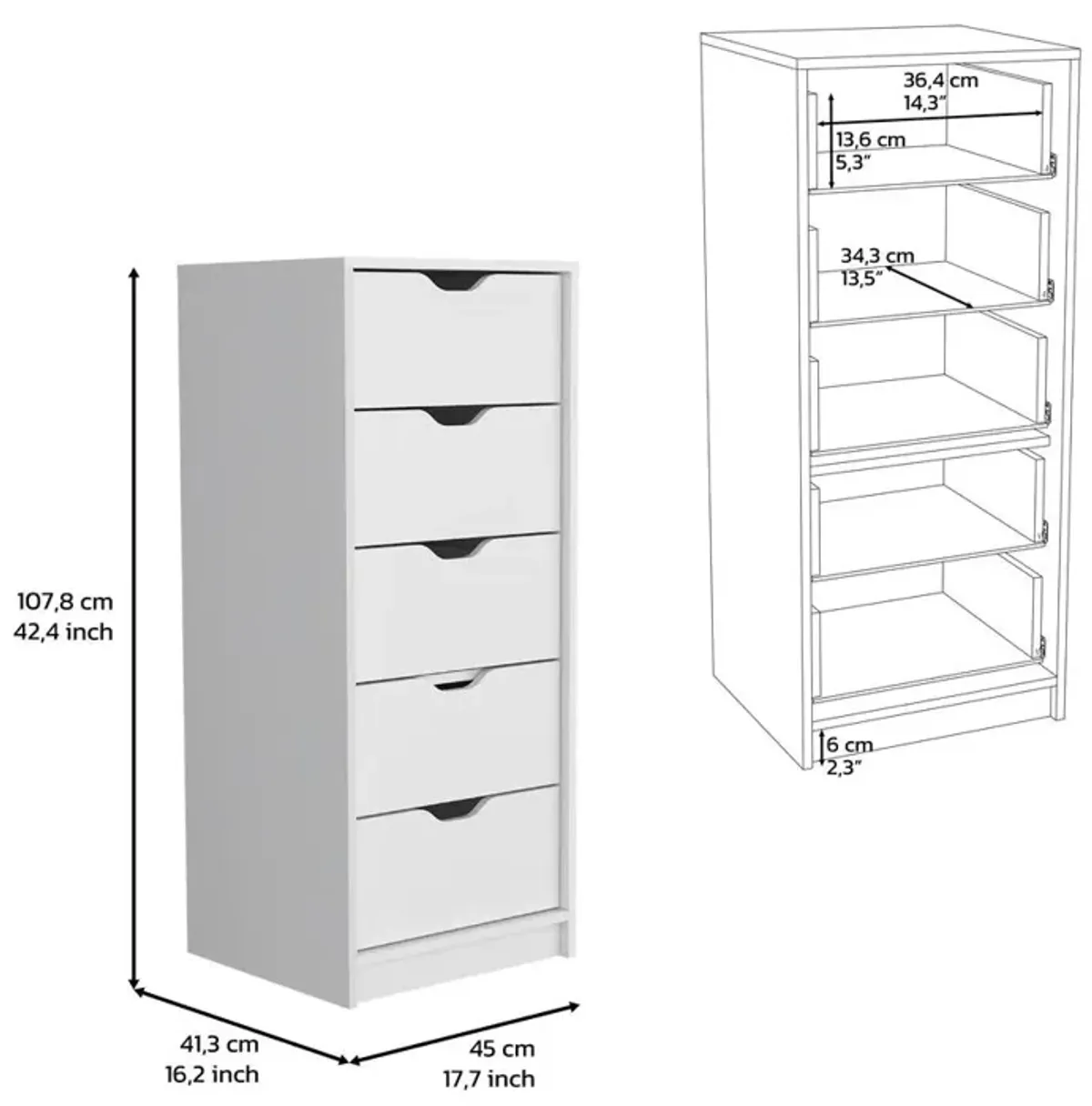 DEPOT E-SHOP Houma 5 Drawers Narrow Dresser, Slim Storage Chest of Drawers, White