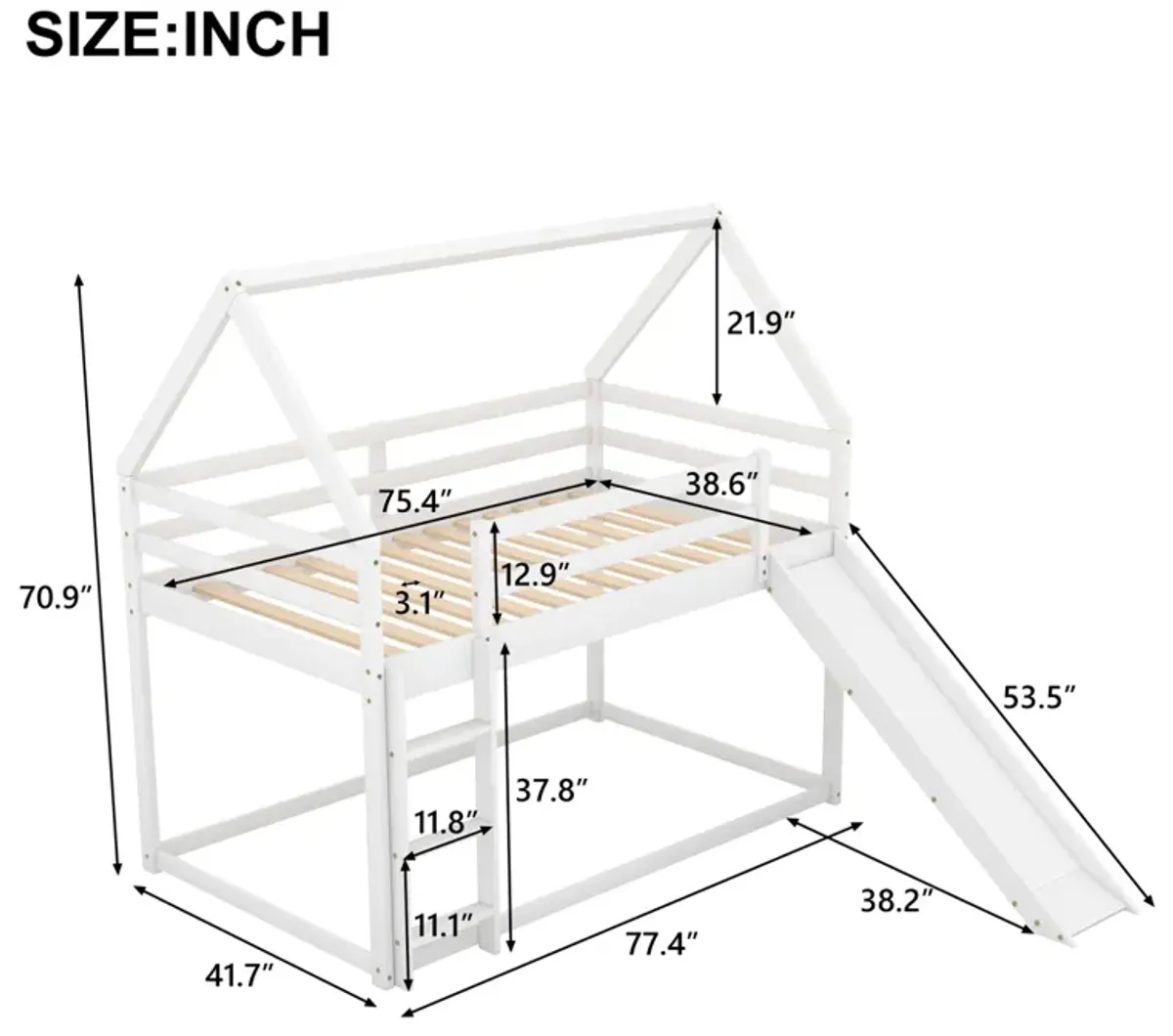 Twin Size Bunk House Bed with Slide and Ladder