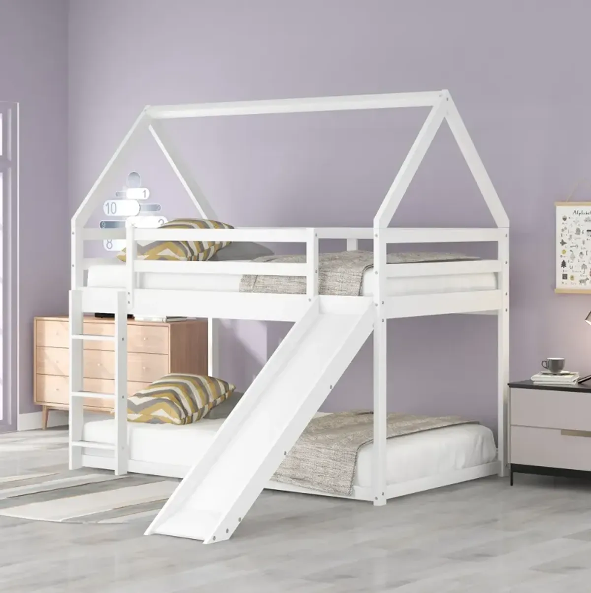 Twin Size Bunk House Bed with Slide and Ladder