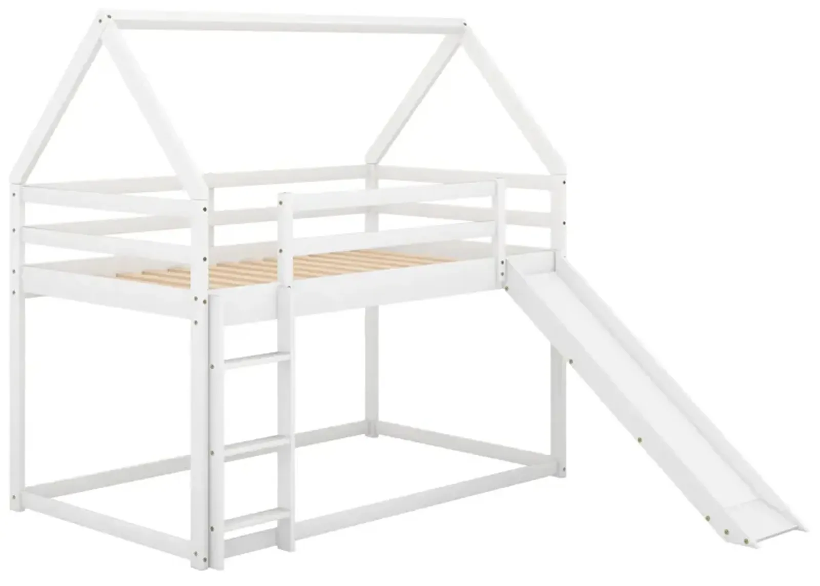 Twin Size Bunk House Bed with Slide and Ladder