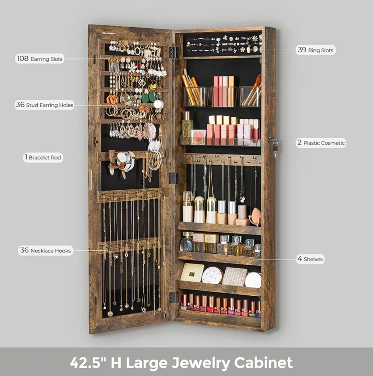 Frameless Full-Length Mirror Jewelry Armoire with Lock and Plastic Cosmetic Storage Trays