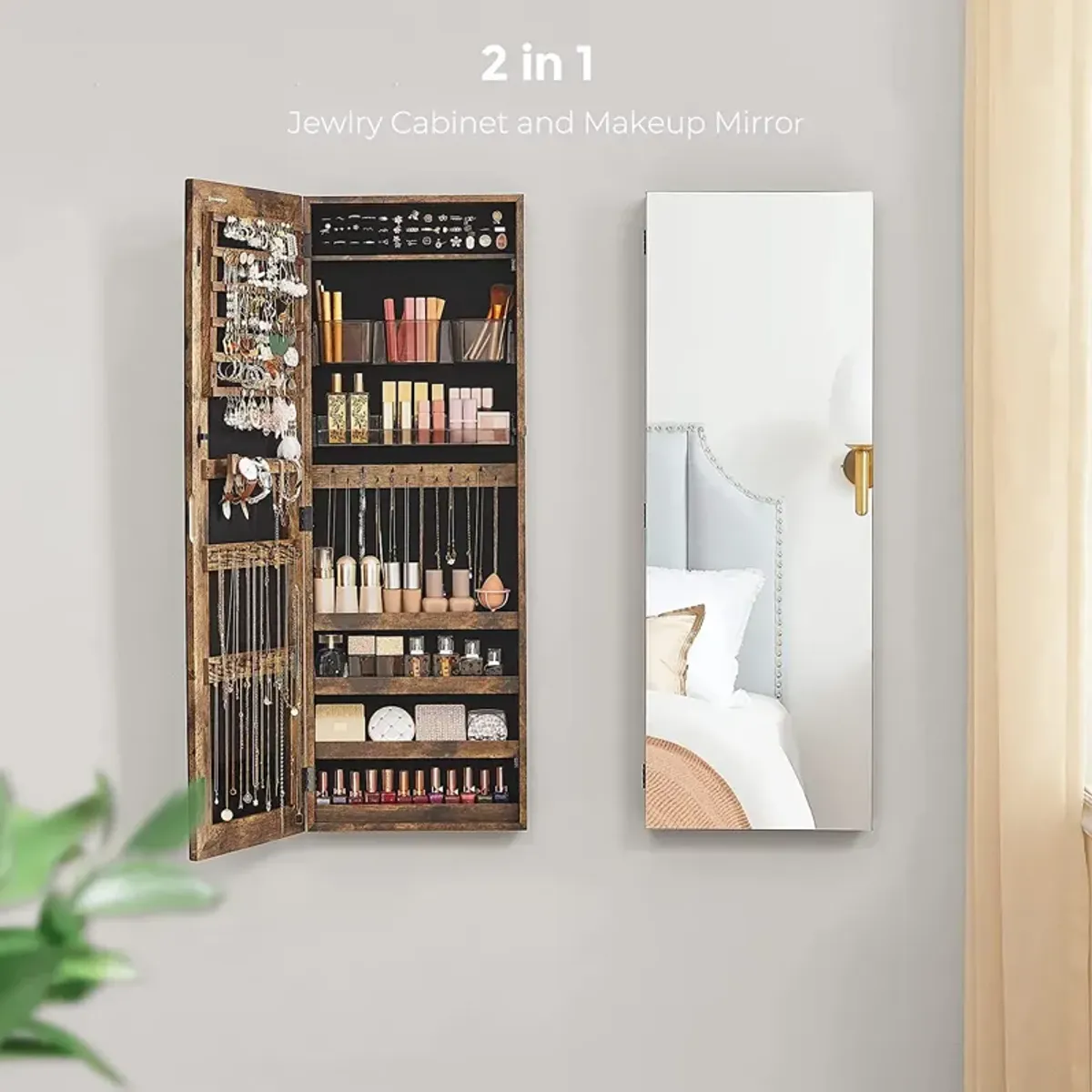 Frameless Full-Length Mirror Jewelry Armoire with Lock and Plastic Cosmetic Storage Trays