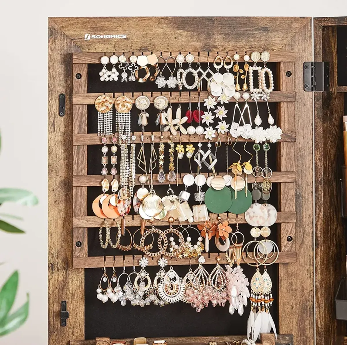 Frameless Full-Length Mirror Jewelry Armoire with Lock and Plastic Cosmetic Storage Trays