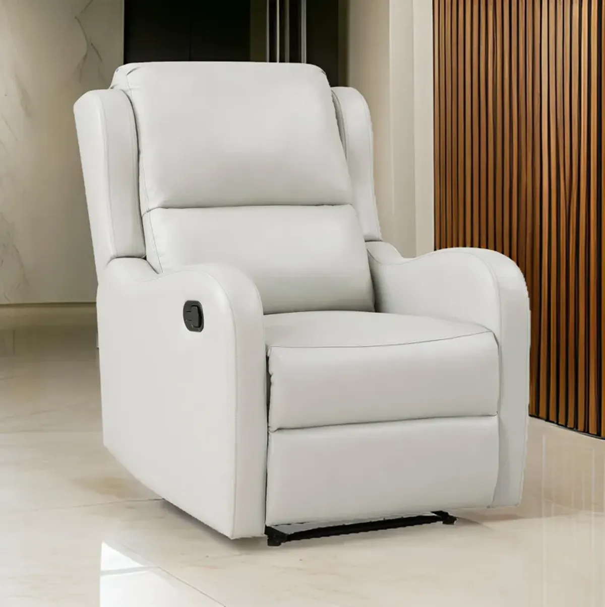 Kim 38 Inch Manual Recliner Chair, Off White Faux Leather, Solid Wood - Benzara