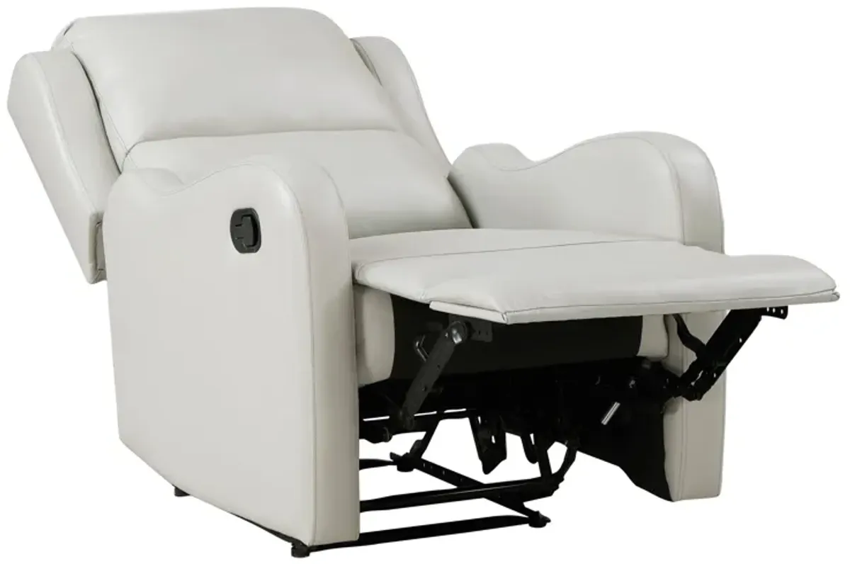 Kim 38 Inch Manual Recliner Chair, Off White Faux Leather, Solid Wood - Benzara