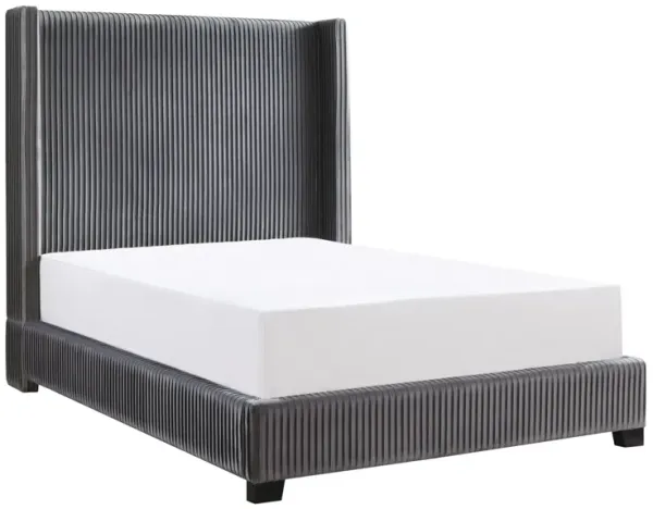 Leny California King Bed, Dark Gray Velvet Upholstery, Shelter Headboard - Benzara