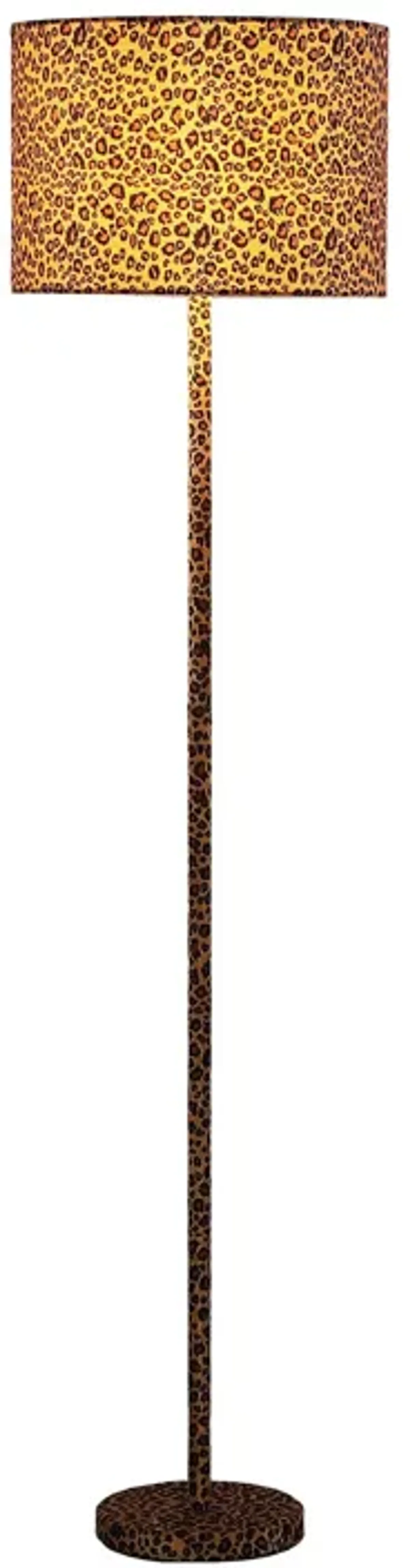 Fabric Wrapped Floor Lamp with Dotted Animal Print, Brown and Black-Benzara