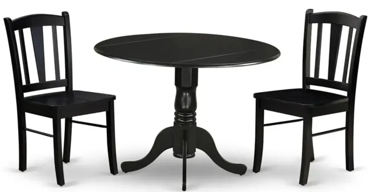 DLDL3-BLK-W - 3-Pc Dining Table Set - 2 Wood Kitchen Chairs and 1 Drops Leaf Kitchen Table - Black Finish
