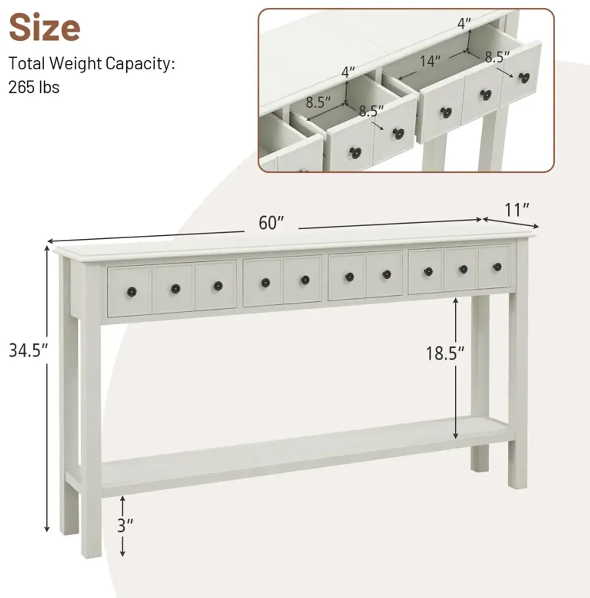 Long Sofa Table with 4 Drawers and Open Shelf for Living Room Storage and Decor