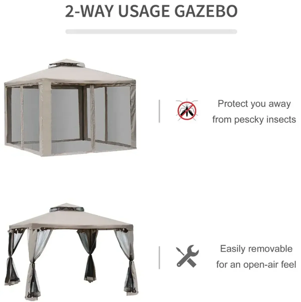 Taupe Garden Sanctuary: 10'x10' 2-Tier Vented Gazebo with Mosquito Netting