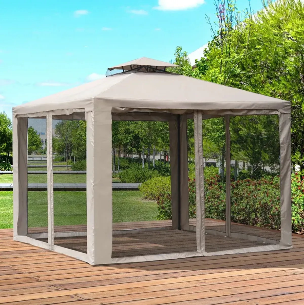 Taupe Garden Sanctuary: 10'x10' 2-Tier Vented Gazebo with Mosquito Netting