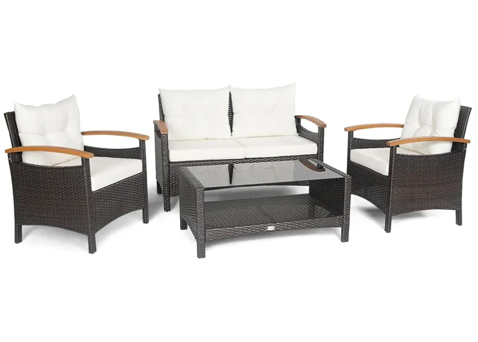 4 Pieces Patio Rattan Furniture Set with Cushioned Sofa and Storage Table