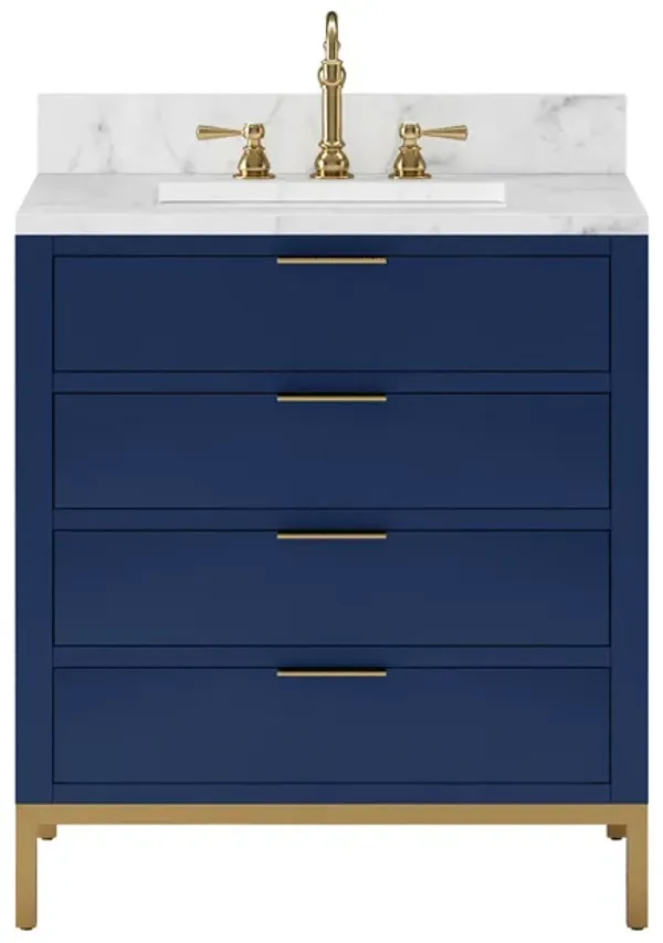 Bristol 30 In. Single Sink Carrara White Marble Countertop Bath Vanity in Monarch Blue