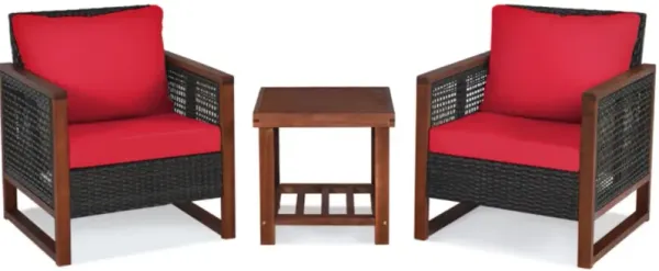 Hivvago 3 Pieces Patio Wicker Furniture Set with Washable Cushion and Acacia Wood Coffee Table