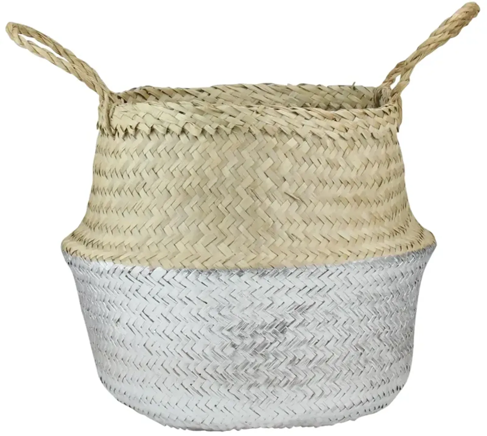 13" Beige and Silver Seagrass Belly Wicker Basket with Handles