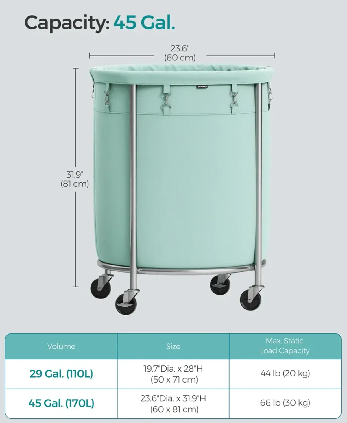 Laundry Basket with Wheels and Removable Bag, Steel Frame, 4 Casters and 2 Brakes