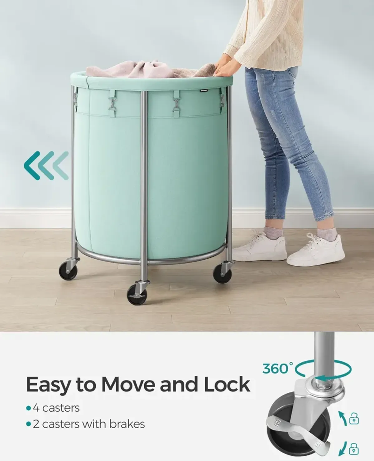 Laundry Basket with Wheels and Removable Bag, Steel Frame, 4 Casters and 2 Brakes