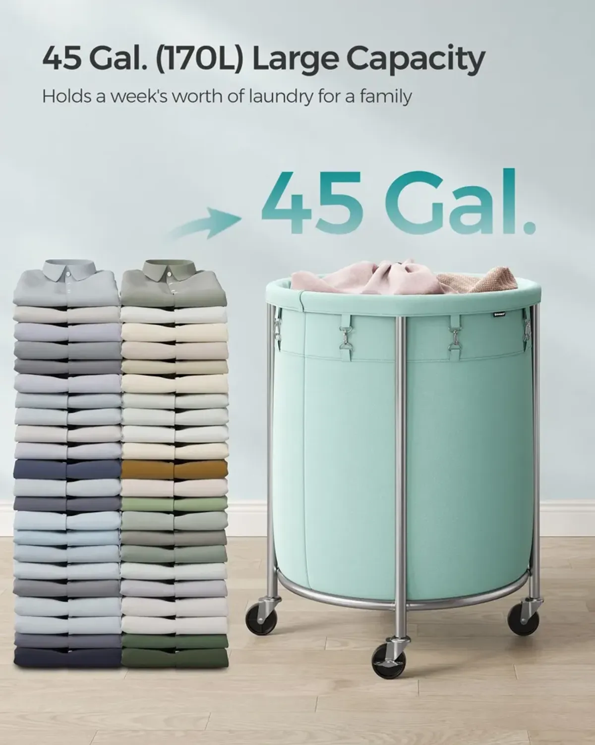 Laundry Basket with Wheels and Removable Bag, Steel Frame, 4 Casters and 2 Brakes