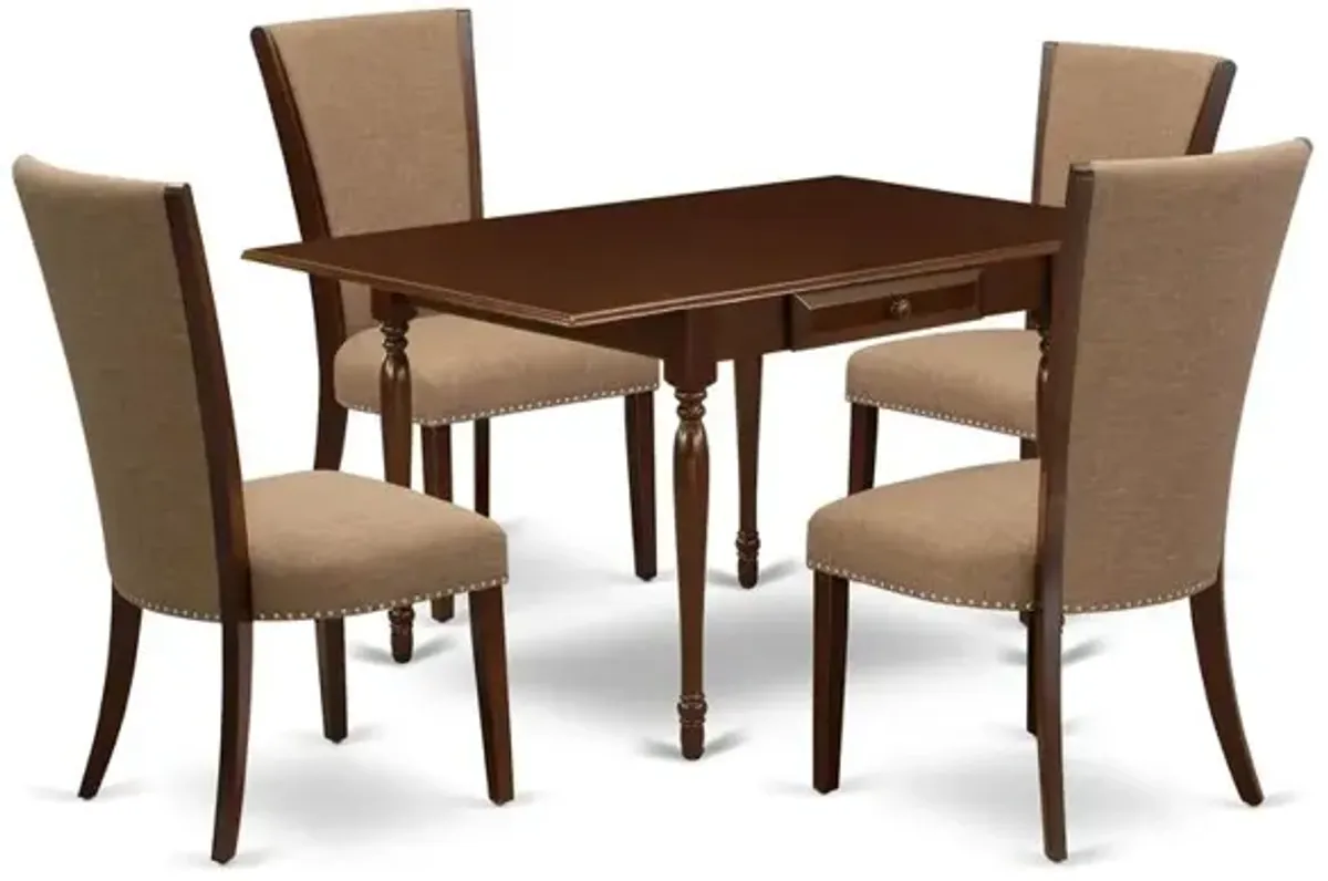 East-West Furniture MZVE5-MAH-47 - A wooden dining table set of 4 fantastic kitchen chairs using Linen Fabric Light Sable color and a fantastic drop leaf rectangle wooden table with Mahogany Finish
