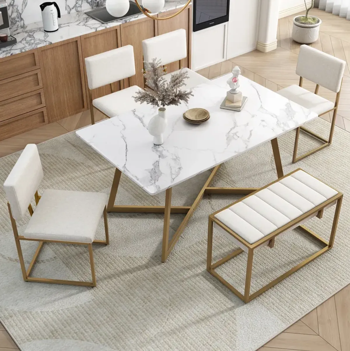 Merax Modern Faux Marble 6-Piece Dining Table Set