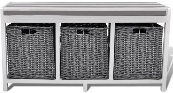 vidaXL White Storage & Entryway Bench with Cushion Top 3 Basket
