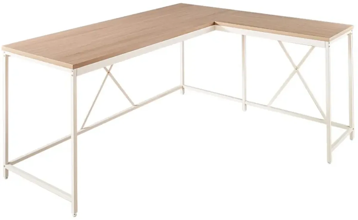 Posy Corner Desk, L Shaped White Metal Frame, X Crossed, Oak Brown Wood Top - Benzara