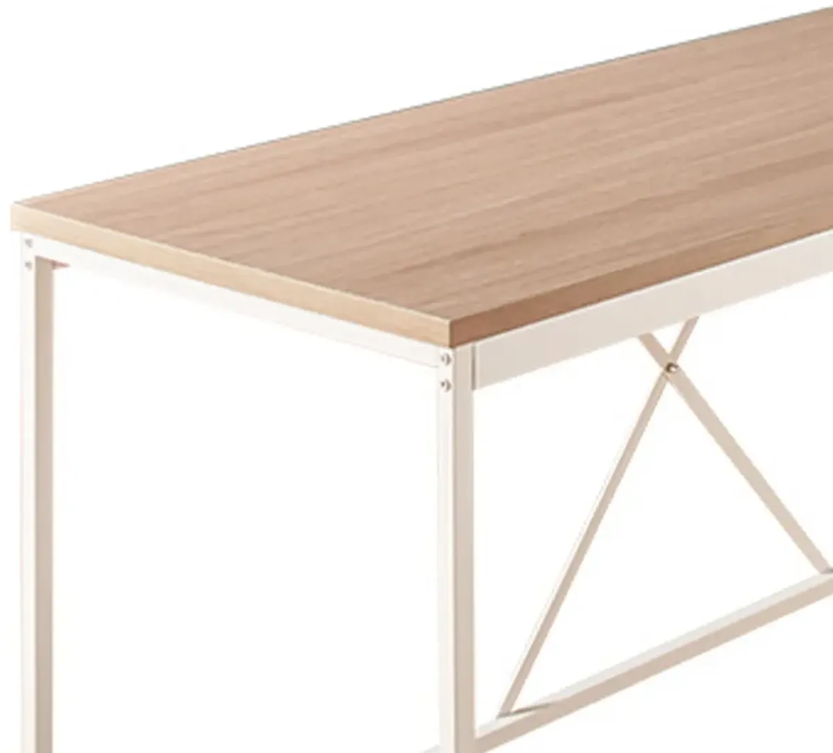 Posy Corner Desk, L Shaped White Metal Frame, X Crossed, Oak Brown Wood Top - Benzara