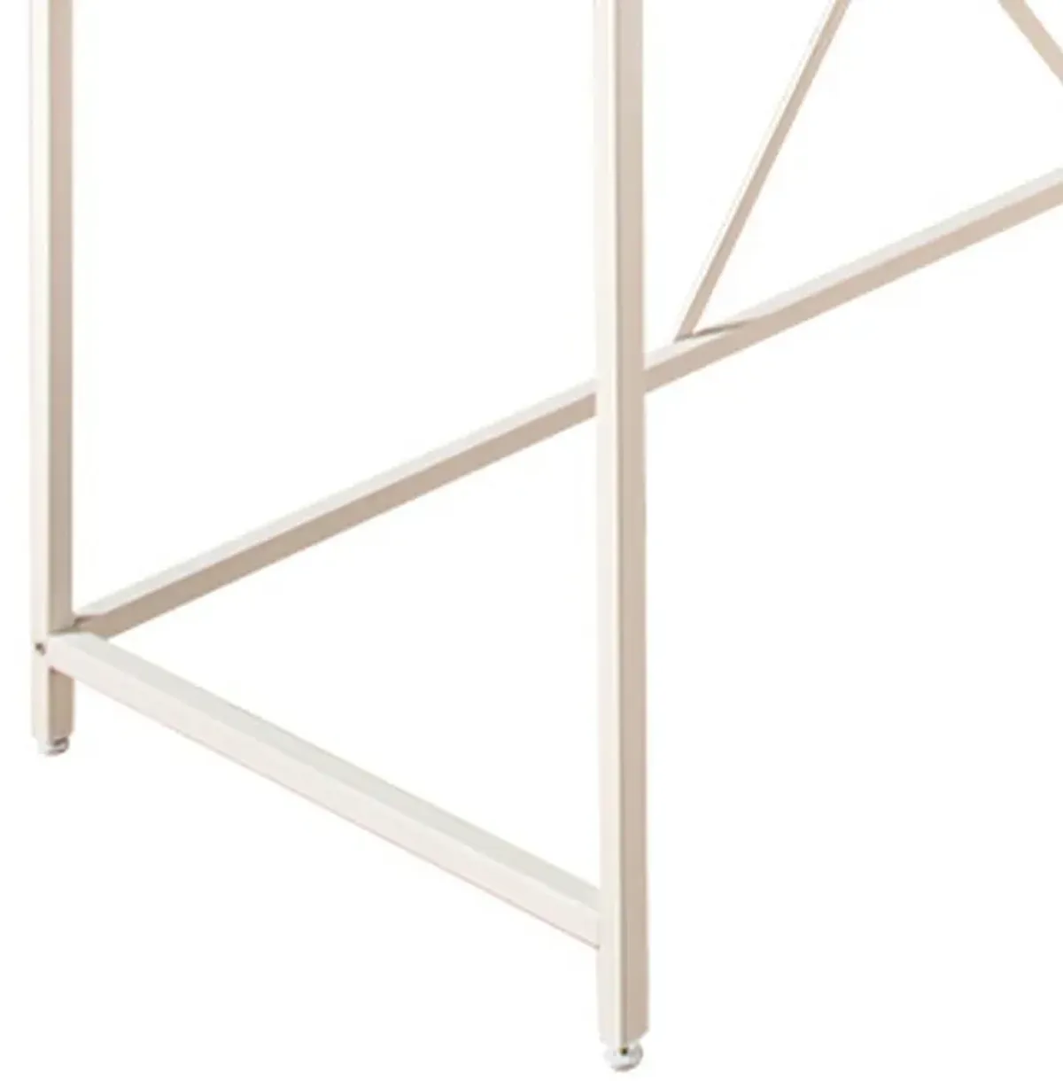 Posy Corner Desk, L Shaped White Metal Frame, X Crossed, Oak Brown Wood Top - Benzara