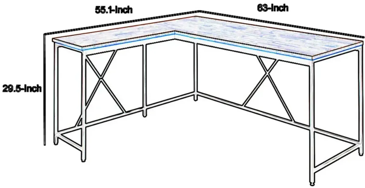 Posy Corner Desk, L Shaped White Metal Frame, X Crossed, Oak Brown Wood Top - Benzara