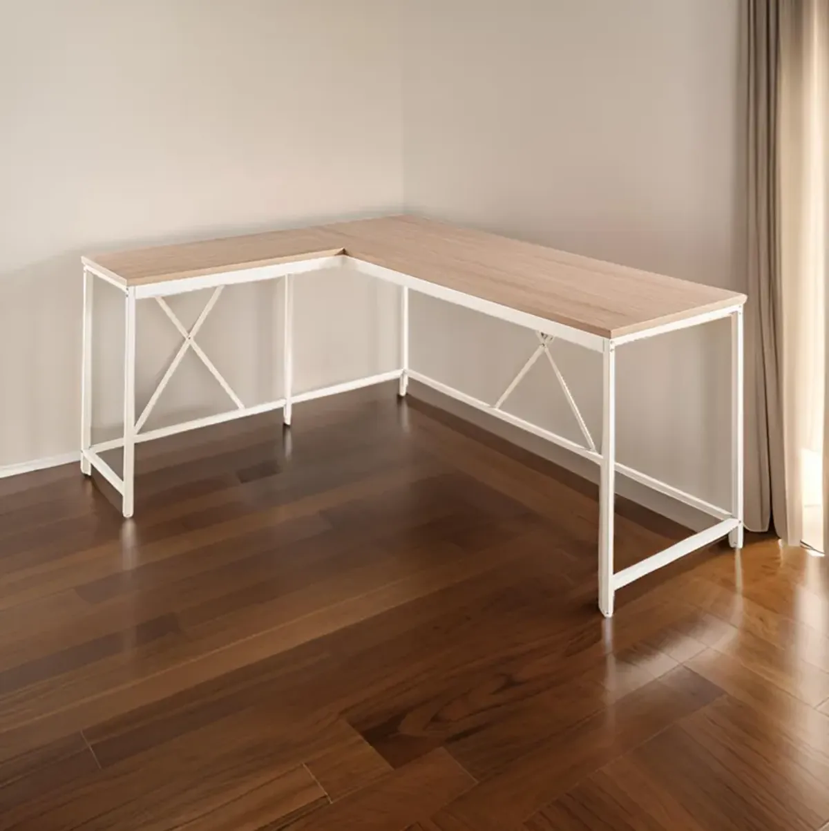 Posy Corner Desk, L Shaped White Metal Frame, X Crossed, Oak Brown Wood Top - Benzara