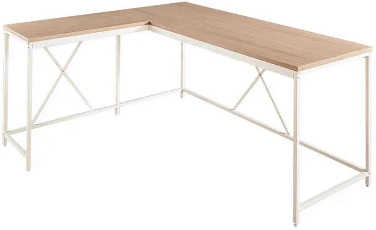 Posy Corner Desk, L Shaped White Metal Frame, X Crossed, Oak Brown Wood Top - Benzara