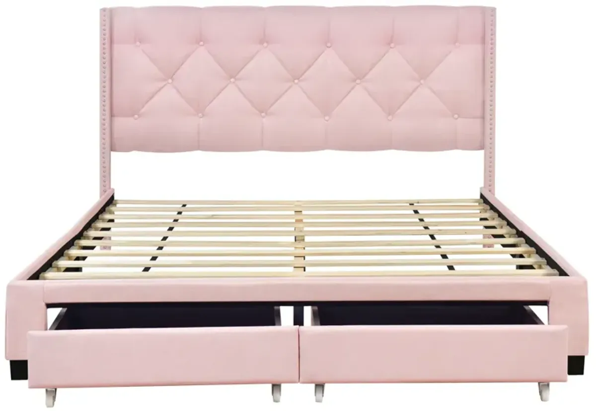 Queen Size Storage Bed Linen Upholstered Platform Bed With Two Drawers - Pink