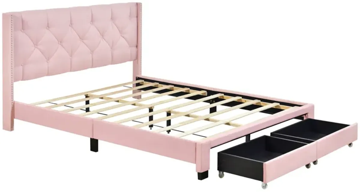 Queen Size Storage Bed Linen Upholstered Platform Bed With Two Drawers - Pink