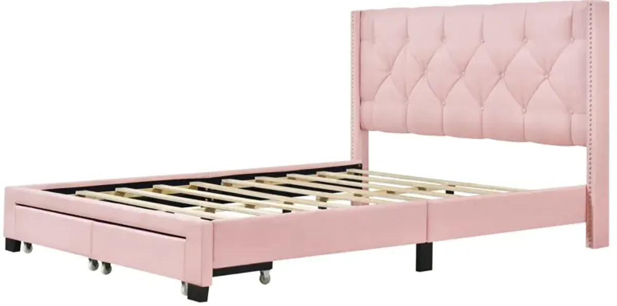 Queen Size Storage Bed Linen Upholstered Platform Bed With Two Drawers - Pink