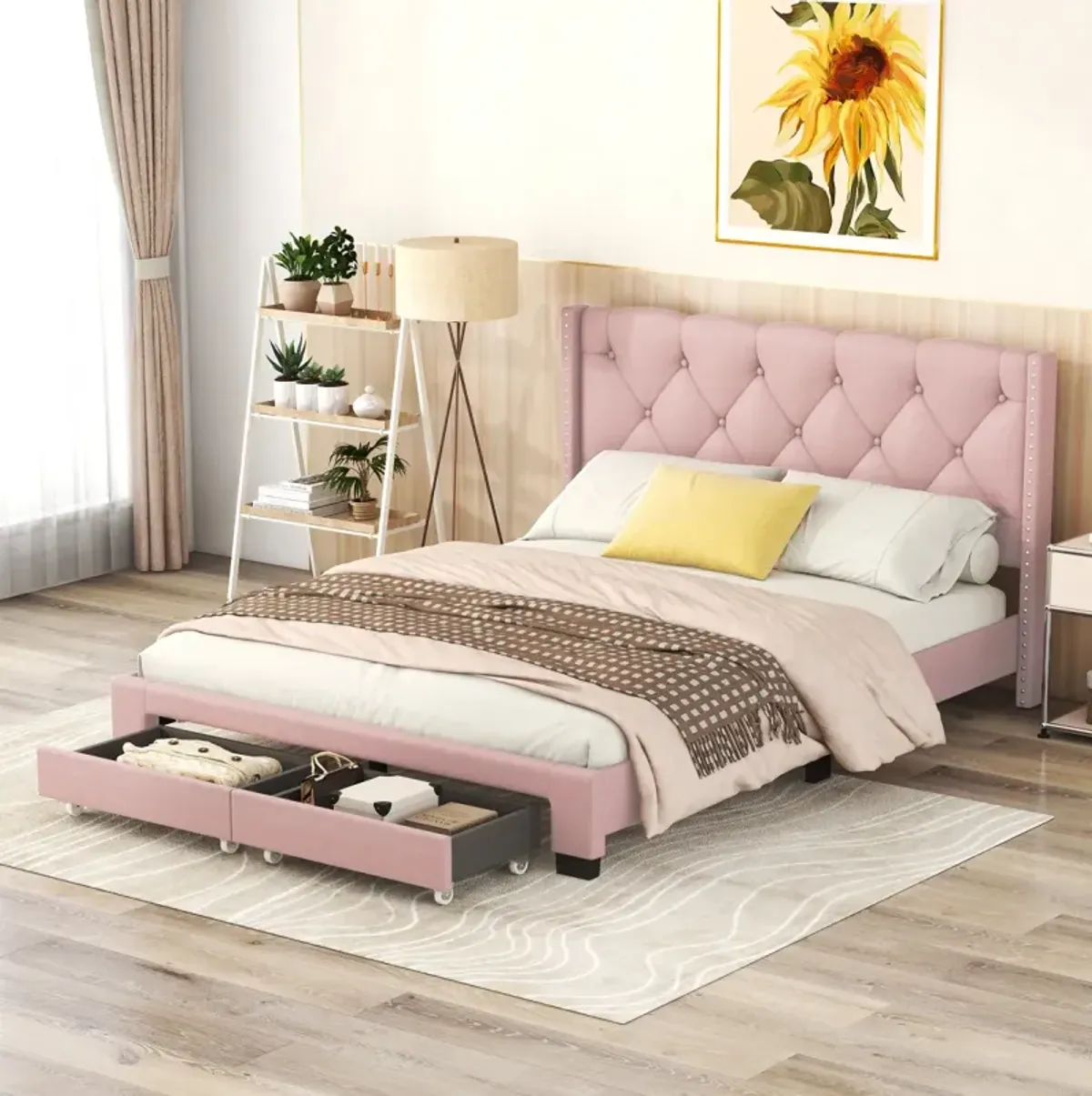 Queen Size Storage Bed Linen Upholstered Platform Bed With Two Drawers - Pink